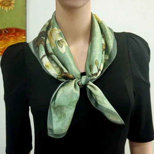 Silk Scarf Women Vintage Green Flowers Kerchief Square Bandana Wrap 68*68cm 07FC0E-D4 - KOEEK [5]