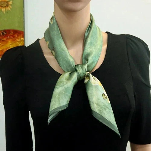 Silk Scarf Women Vintage Green Flowers Kerchief Square Bandana Wrap 68*68cm 07FC0E-D4 - KOEEK [6]