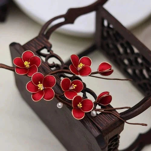 Silk Velvet Flower Hairpin Handmade Plum Blossom Wood Hair Stick Accessory 07FC0E-D4 - KOEEK [4]