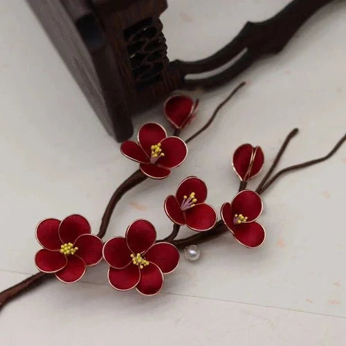 Silk Velvet Flower Hairpin Handmade Plum Blossom Wood Hair Stick Accessory 07FC0E-D4 - KOEEK [5]