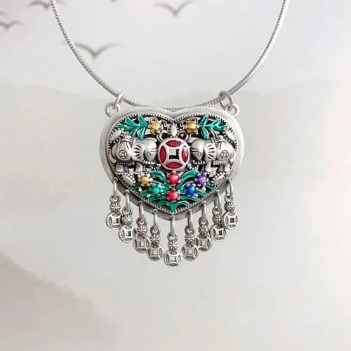 Silver Plated Tassel Pendant Necklace Blue Enamel Vintage Ethnic Choker 07FC0E-D4 - KOEEK [1]