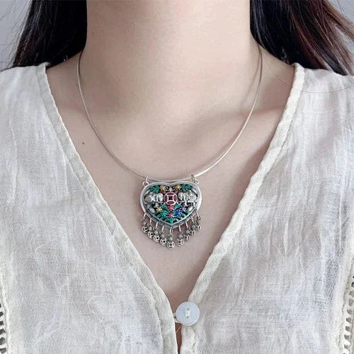Silver Plated Tassel Pendant Necklace Blue Enamel Vintage Ethnic Choker 07FC0E-D4 - KOEEK [2]