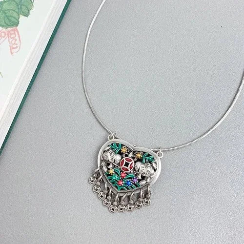 Silver Plated Tassel Pendant Necklace Blue Enamel Vintage Ethnic Choker 07FC0E-D4 - KOEEK [3]