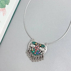 Silver Plated Tassel Pendant Necklace Blue Enamel Vintage Ethnic Choker 07FC0E-D4 - KOEEK [3]
