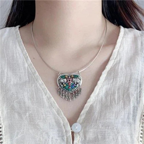 Silver Plated Tassel Pendant Necklace Blue Enamel Vintage Ethnic Choker 07FC0E-D4 - KOEEK [4]