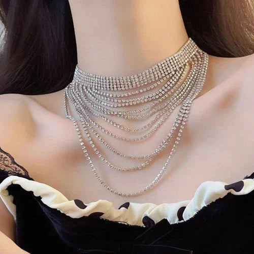 Silver Rhinestone Tassel Layered Choker Necklace Collar Jewelry for Women 07FC0E-D4 - KOEEK [3]