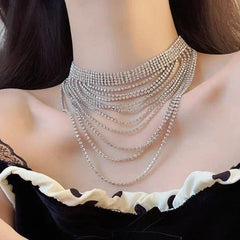Silver Rhinestone Tassel Layered Choker Necklace Collar Jewelry for Women 07FC0E-D4 - KOEEK [3]