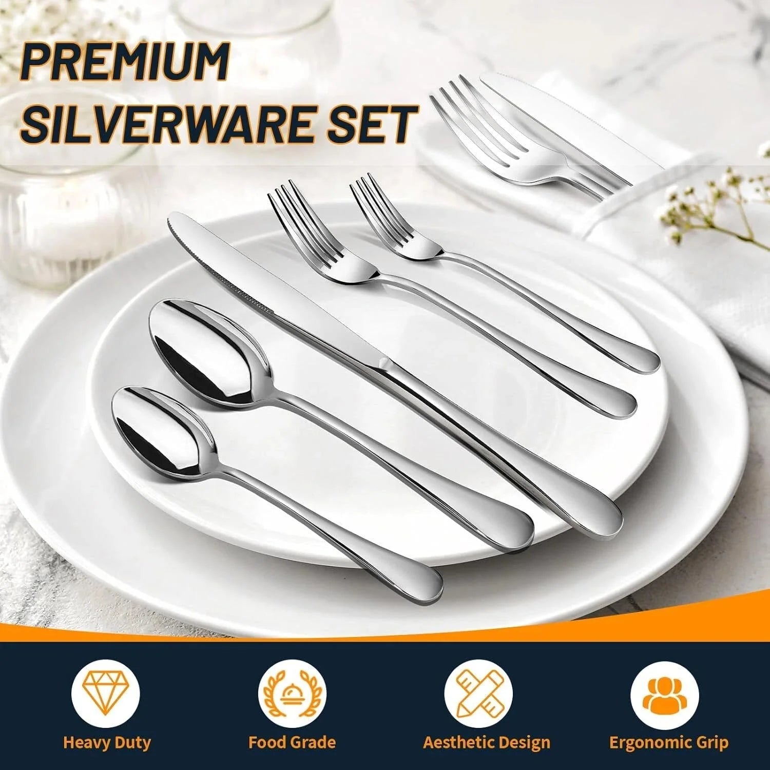 Silverware Set, 40 Piece Stainless Steel Cutlery Sets for 8, Heavy Duty Flatware 07FC0E-D4 - KOEEK [3]