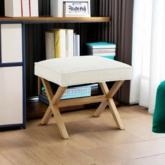 Small Ottoman Footrest, Mid-Century Modern X Square Footstool, Ivory Blue 07FC0E-D4 - KOEEK [3]