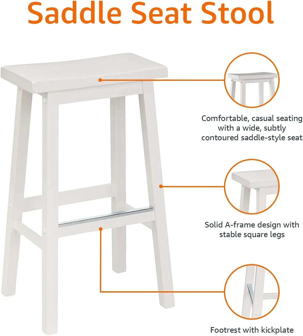Solid Wood Saddle Seat Kitchen Island Counter Bar Stools White - Set of 2 07FC0E-D4 - KOEEK [6]
