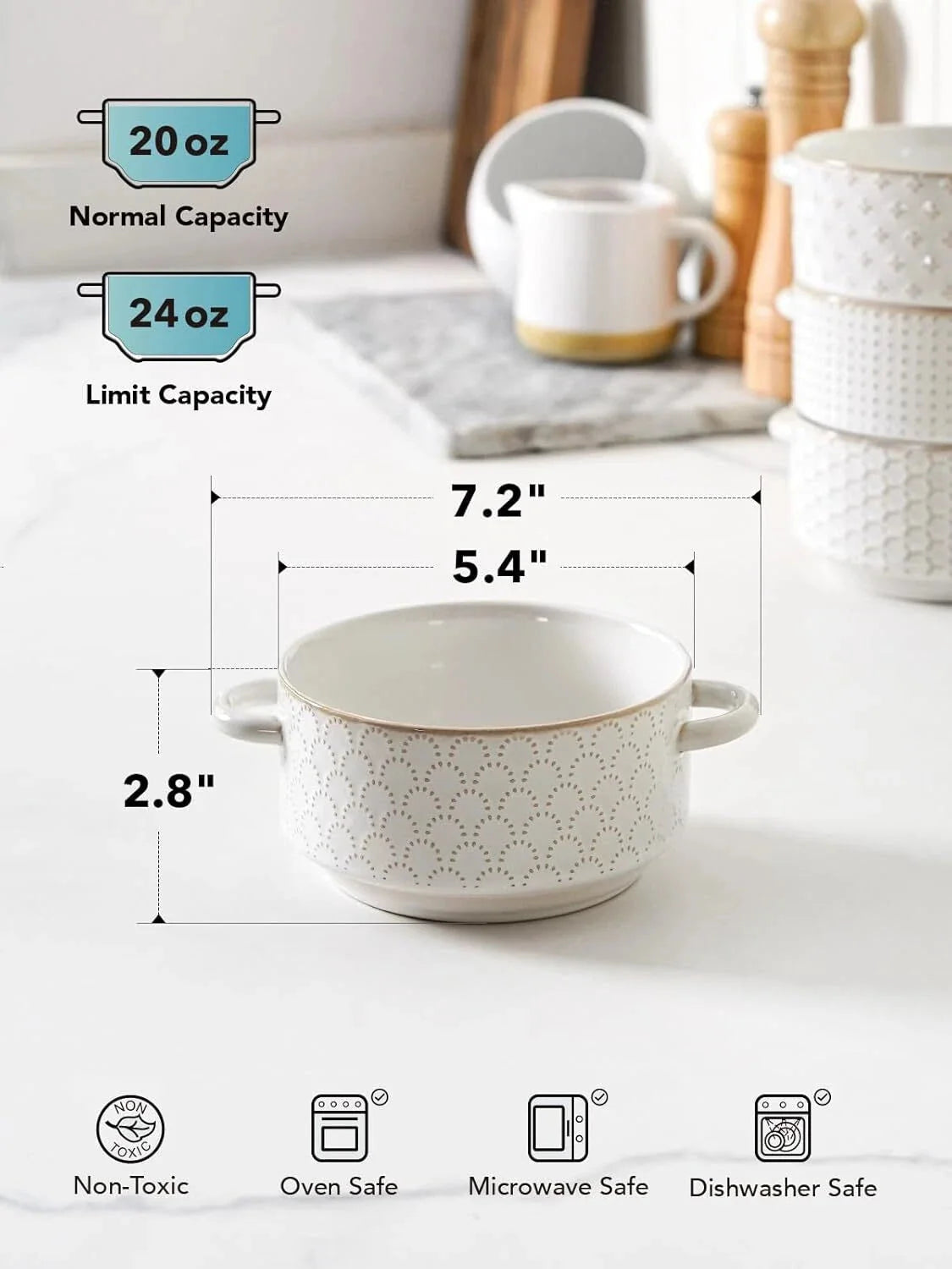 Soup Bowls with Handles, 20 oz French Onion Soup Can, Set of 4, Arctic White 07FC0E-D4 - KOEEK [5]