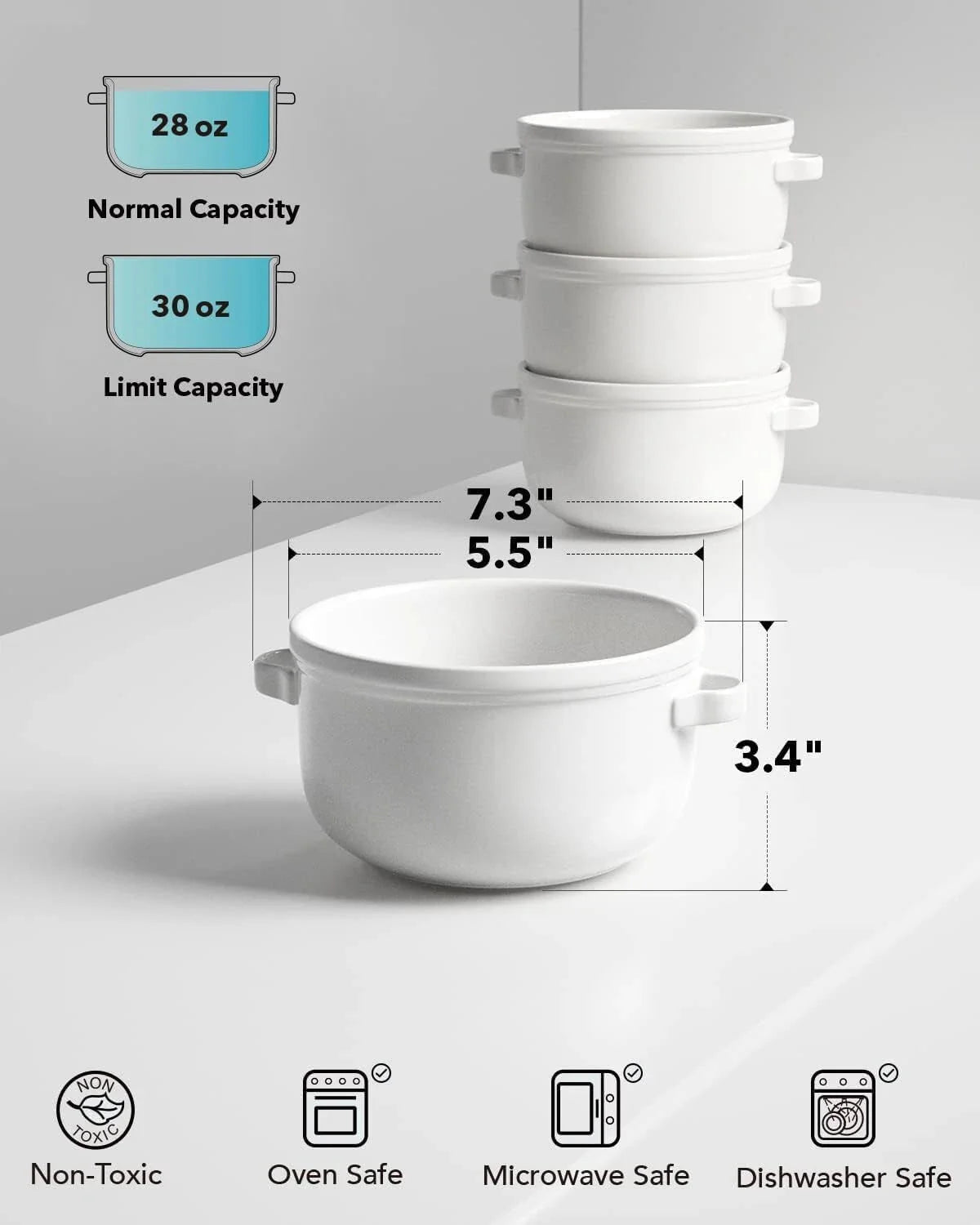Soup Bowls with Handles, 28 oz, 5.5 in, Set of 4, White 07FC0E-D4 - KOEEK [4]