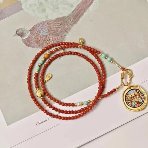 South Red Long Necklace Chinese Style Compass Pendant Turquoise Adjustable Chain 07FC0E-D4 - KOEEK [1]