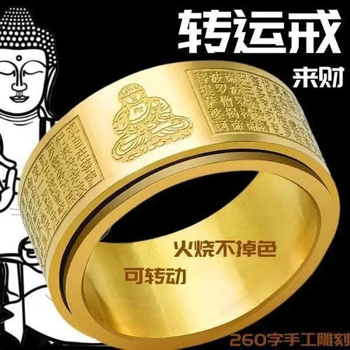Spinning Zodiac Ring Buddhist Guardian Deity Rotatable Titanium Steel Band Men 07FC0E-D4 - KOEEK [1]