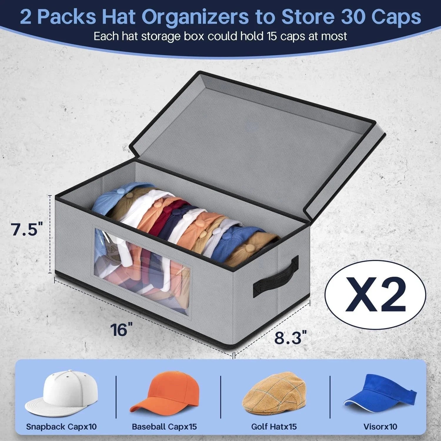 Stackable baseball cap storage box,2 wardrobe hat storage boxes,can hold 30 hats 07FC0E-D4 - KOEEK [4]
