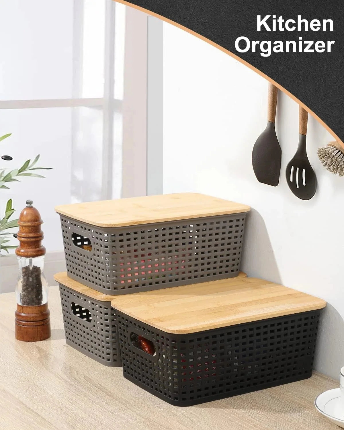 Storage Bins with Bamboo Lids Set of 6 Lidded Storage Container Plastic Baskets 07FC0E-D4 - KOEEK [6]