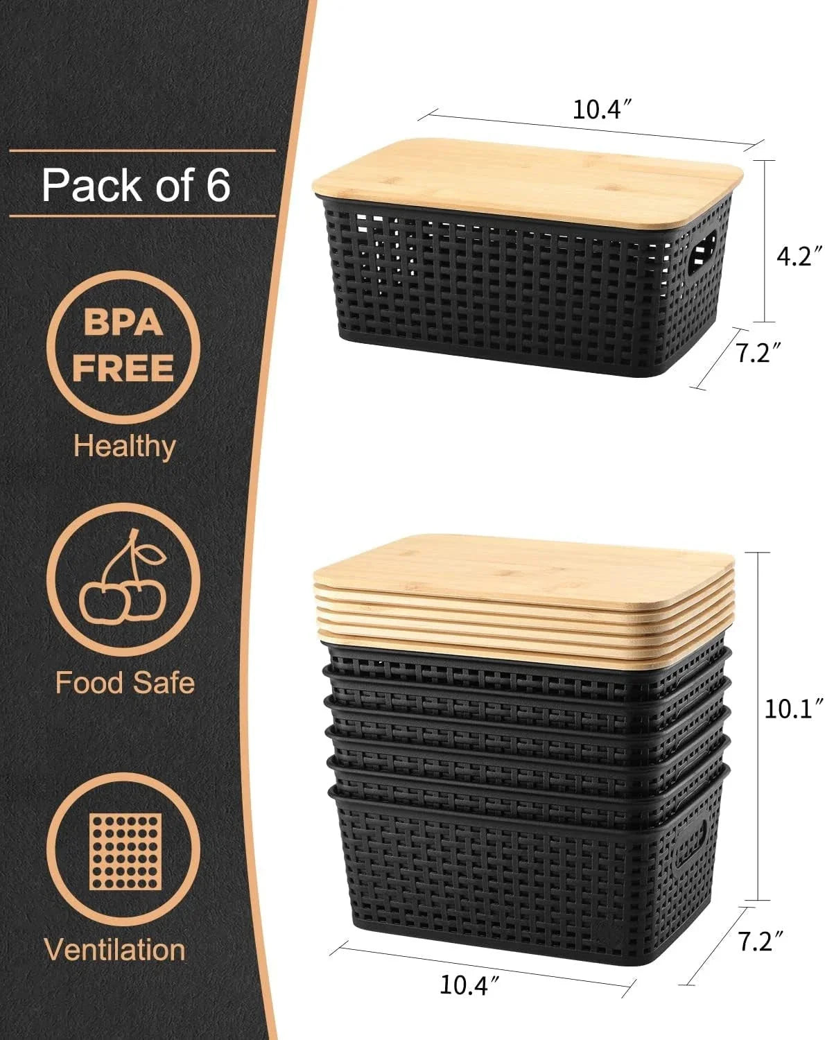 Storage Bins with Bamboo Lids Set of 6 Lidded Storage Container Plastic Baskets 07FC0E-D4 - KOEEK [8]