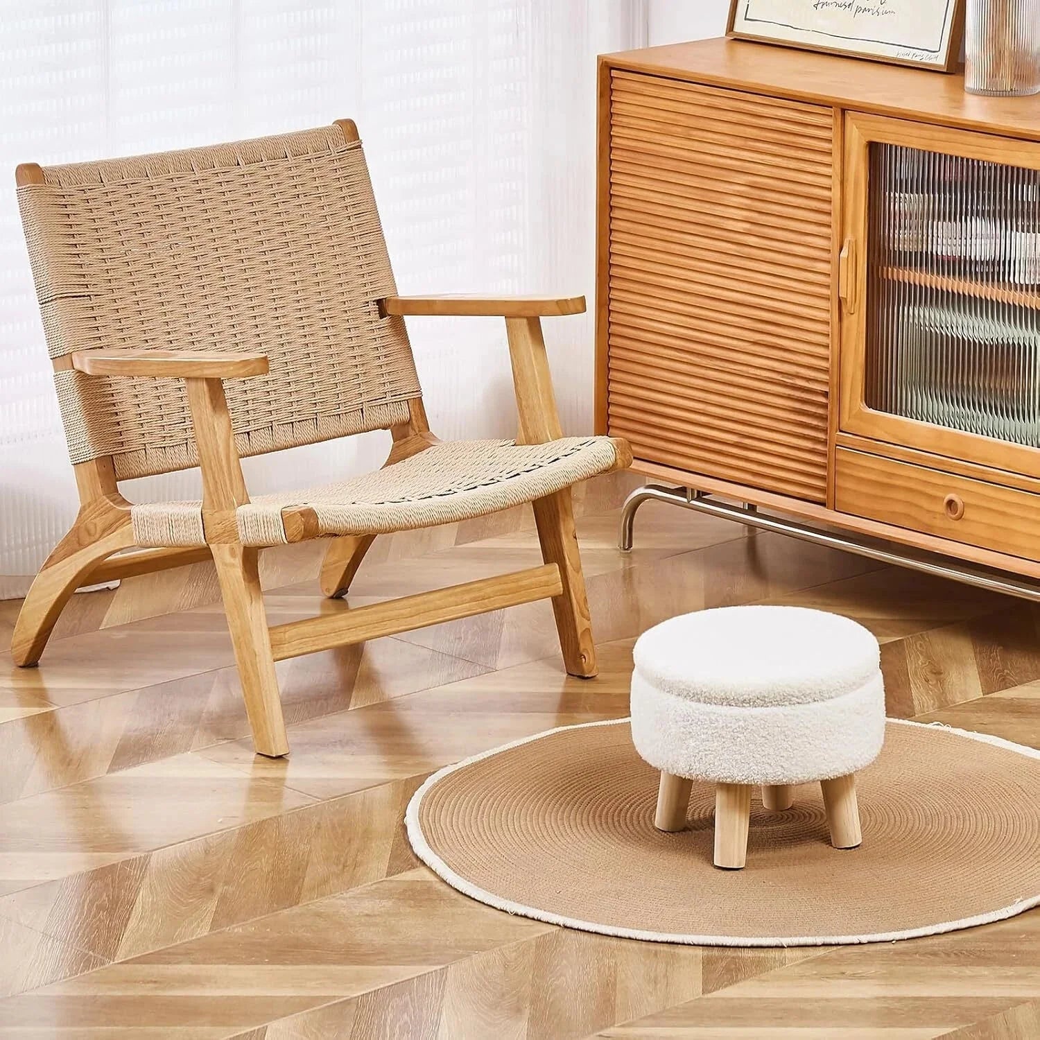 Storage Ottoman with Modern Round Footrest with Soft Upholstered Seat Cushion, 07FC0E-D4 - KOEEK [7]