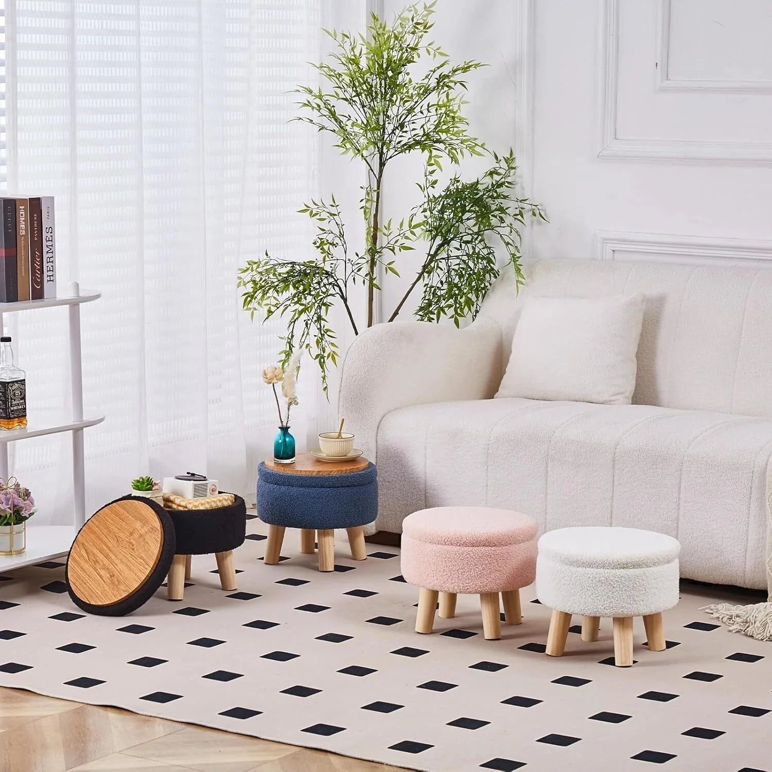 Storage Ottoman with Modern Round Footrest with Soft Upholstered Seat Cushion, 07FC0E-D4 - KOEEK [8]