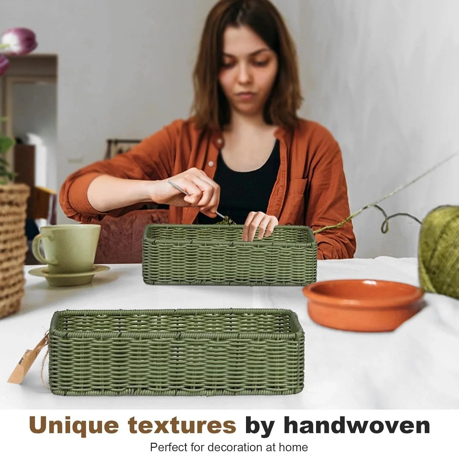 Storage Wicker Basket Decor: Green Decorative Storage Bin for Countertop Shelves 07FC0E-D4 - KOEEK [6]