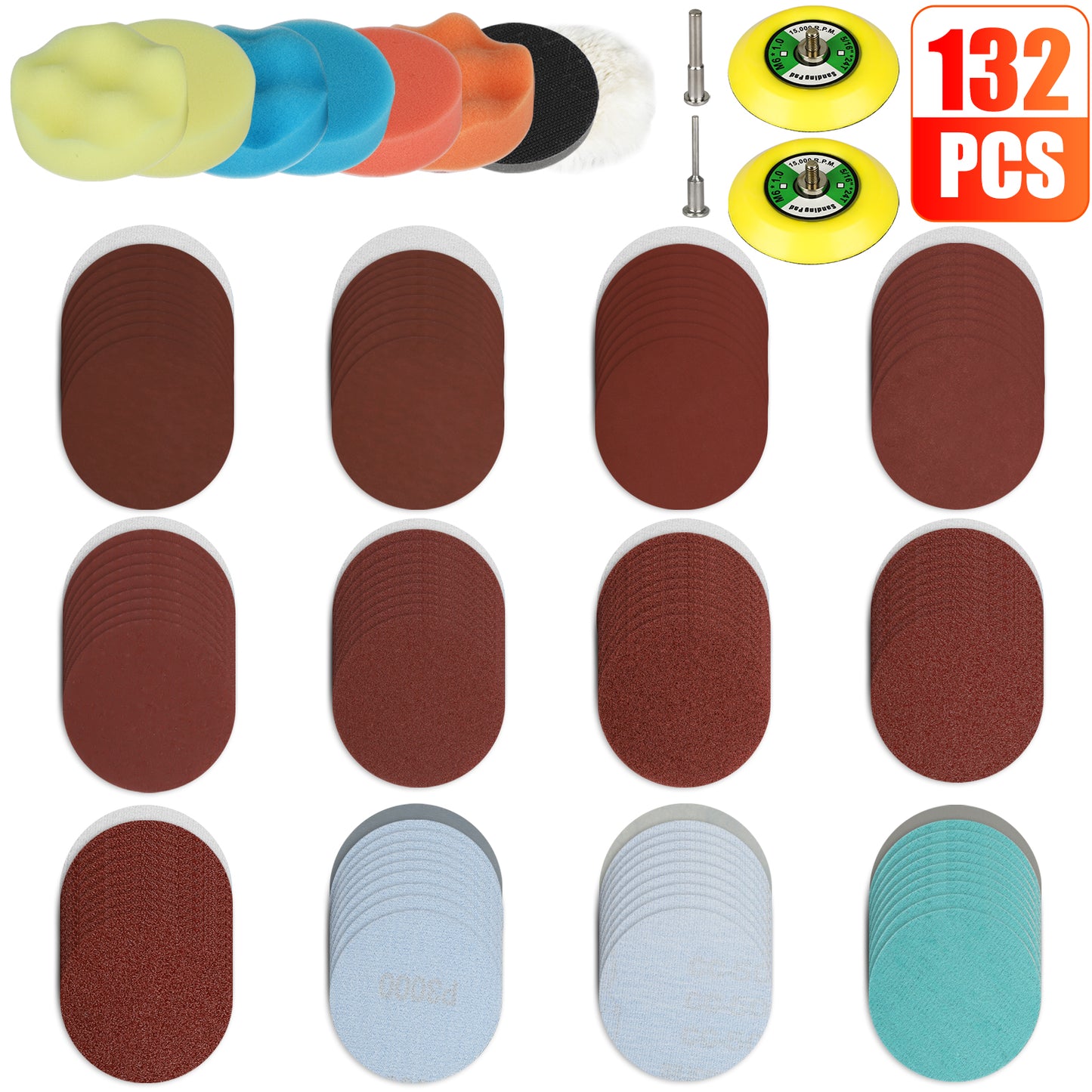 100-303Pcs 2" Sanding Disc Hook Loop Sander Paper Backer Pad + Drill Adapter Kit koeek - KOEEK