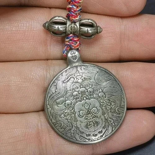 Tibetan White Copper Nine Palaces Tag Mahakala Wealth God Bag Charm with Rope 07FC0E-D4 - KOEEK [1]