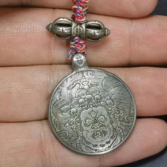 Tibetan White Copper Nine Palaces Tag Mahakala Wealth God Bag Charm with Rope 07FC0E-D4 - KOEEK [1]