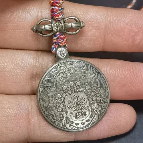 Tibetan White Copper Nine Palaces Tag Mahakala Wealth God Bag Charm with Rope 07FC0E-D4 - KOEEK [5]