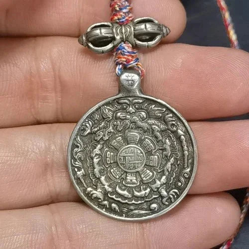 Tibetan White Copper Nine Palaces Tag Mahakala Wealth God Bag Charm with Rope 07FC0E-D4 - KOEEK [6]