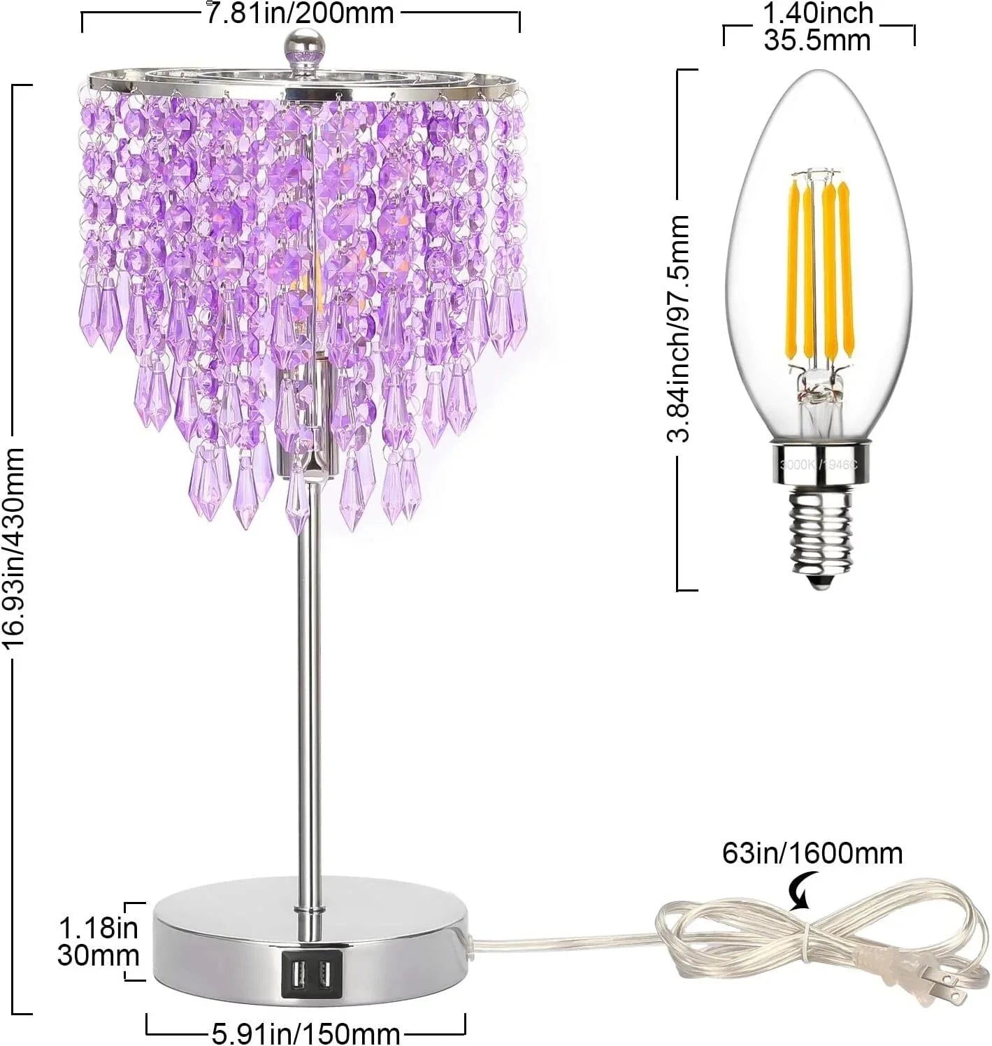 USB Bedside Crystal Lamp, 3 Way Dimmable Touch Nightstand Lamp. 07FC0E-D4 - KOEEK [2]