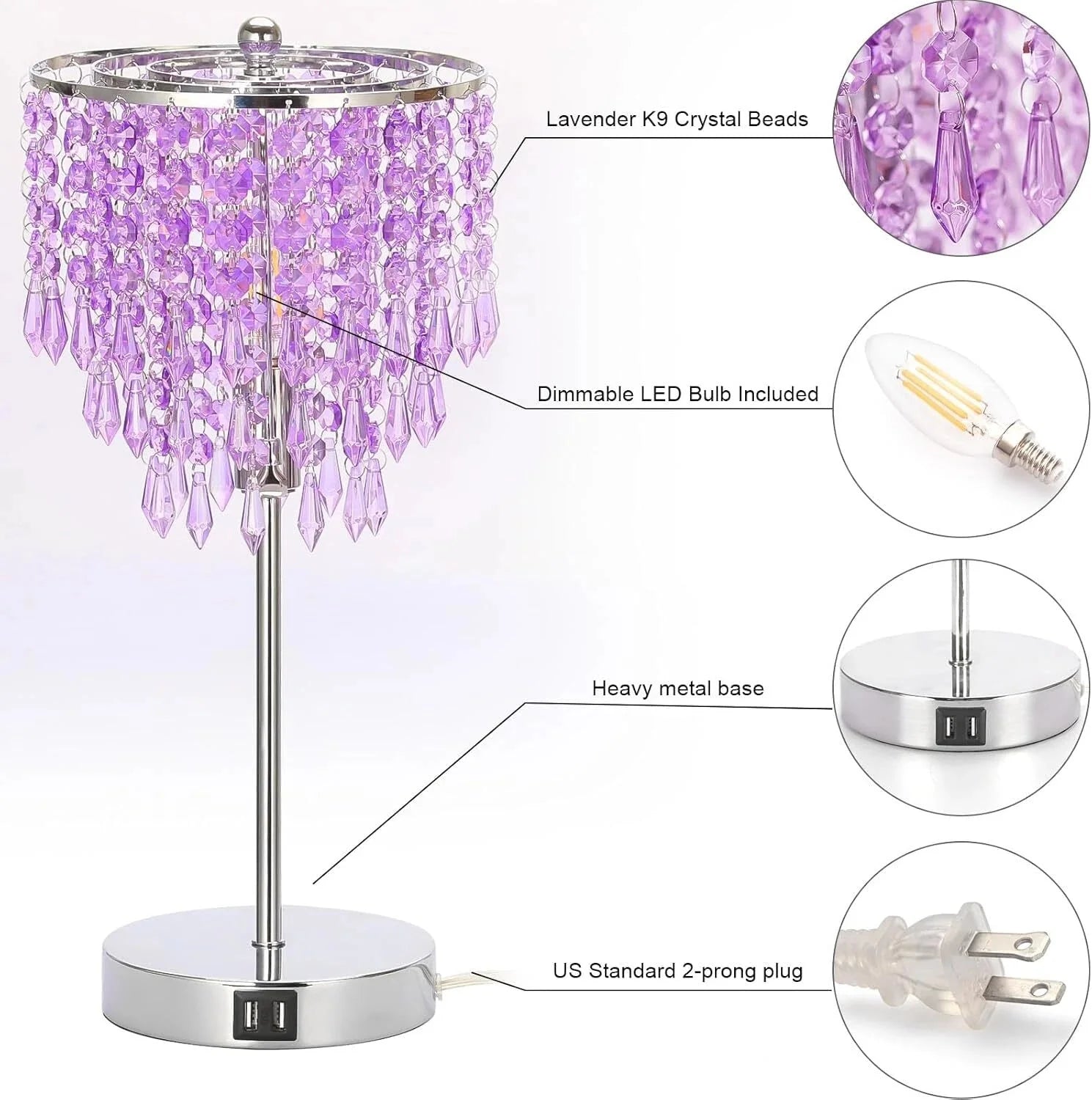 USB Bedside Crystal Lamp, 3 Way Dimmable Touch Nightstand Lamp. 07FC0E-D4 - KOEEK [6]