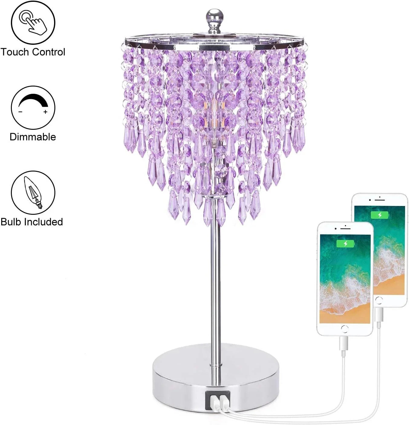 USB Bedside Crystal Lamp, 3 Way Dimmable Touch Nightstand Lamp. 07FC0E-D4 - KOEEK [8]