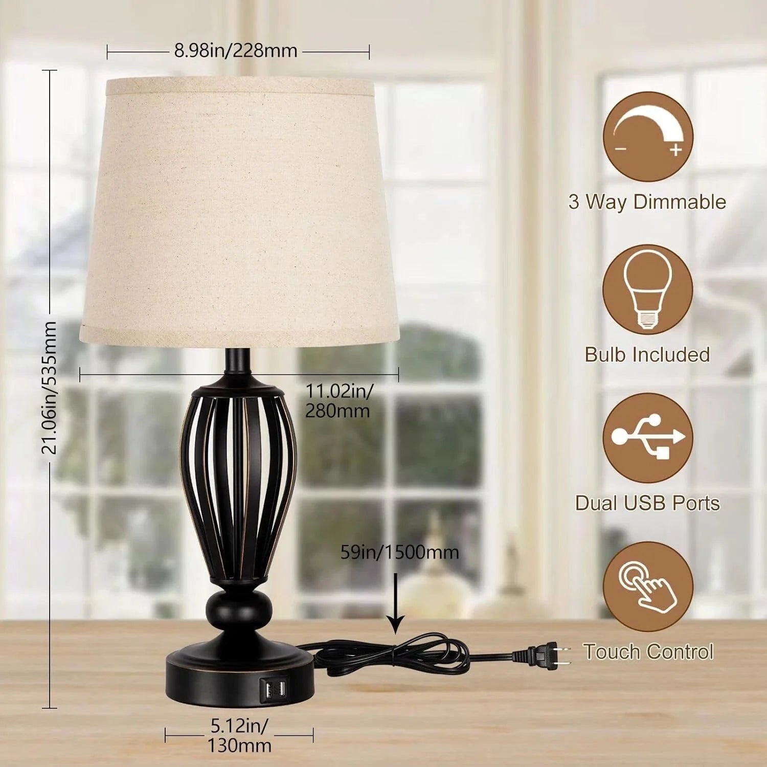 USB Bedside Lamp, 3-Way Dimmable Touch Table Lamp, Black Metal Base 07FC0E-D4 - KOEEK [2]