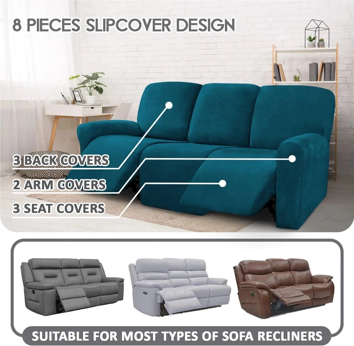 Velvet 8-piece recliner sofa cover set, suitable for 3-seater recliner sofas 07FC0E-D4 - KOEEK [2]