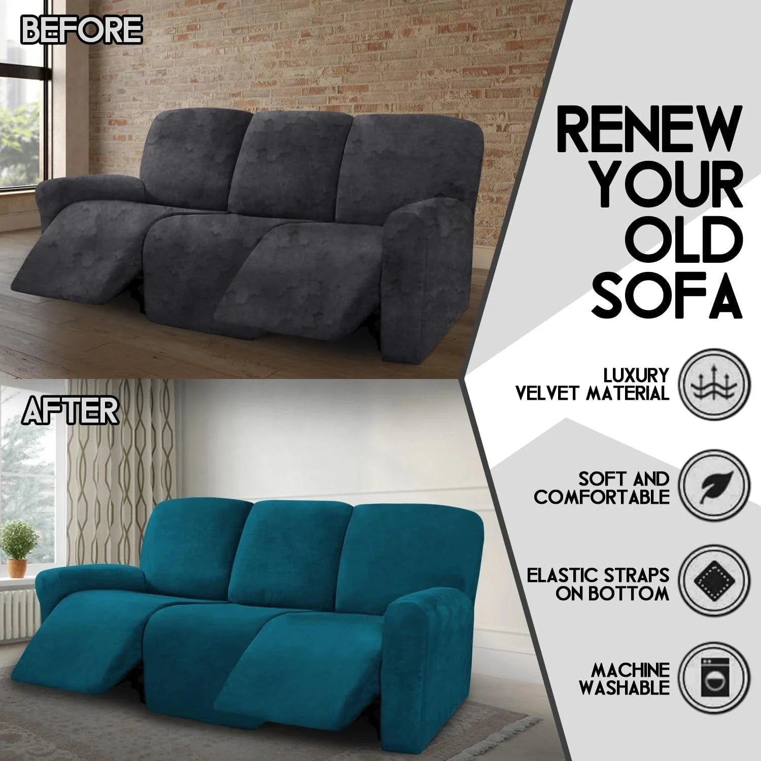 Velvet 8-piece recliner sofa cover set, suitable for 3-seater recliner sofas 07FC0E-D4 - KOEEK [5]