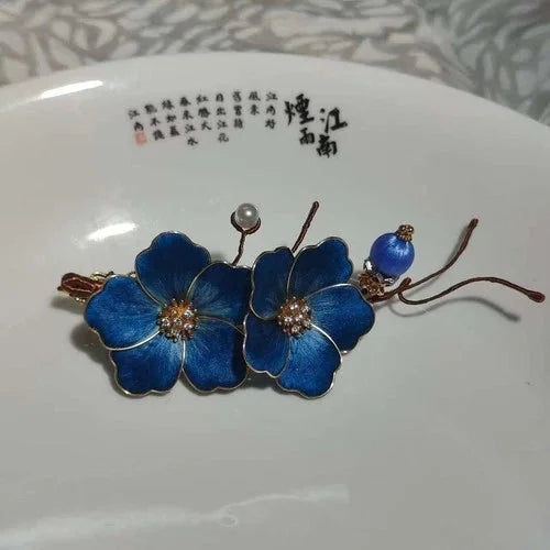Velvet Flower Hairpin Chinese Style Hanfu Headpiece Blue Floral Hair Accessory 07FC0E-D4 - KOEEK [2]