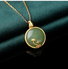 Vintage 925 Silver Gold-Plated Jade Jadeite Pendant Necklace with Lotus Blossom 07FC0E-D4 - KOEEK [3]