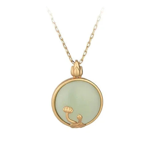 Vintage 925 Silver Gold-Plated Jade Jadeite Pendant Necklace with Lotus Blossom 07FC0E-D4 - KOEEK [5]