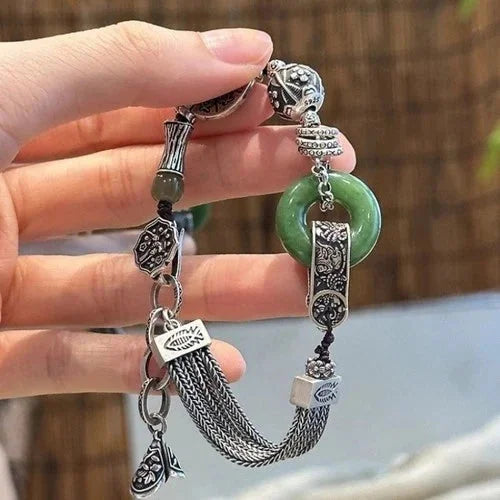 Vintage Chinese Jade Bracelet Retro Silver Tassel Beaded Bracelet for Women Gift 07FC0E-D4 - KOEEK [1]