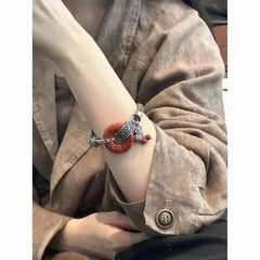 Vintage Chinese Jade Bracelet Retro Silver Tassel Beaded Bracelet for Women Gift 07FC0E-D4 - KOEEK [2]