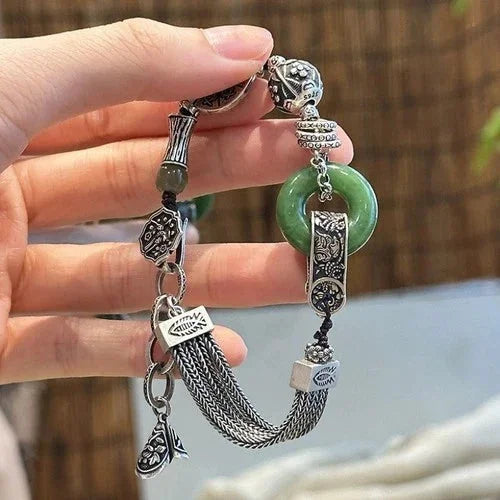 Vintage Chinese Jade Bracelet Retro Silver Tassel Beaded Bracelet for Women Gift 07FC0E-D4 - KOEEK [6]