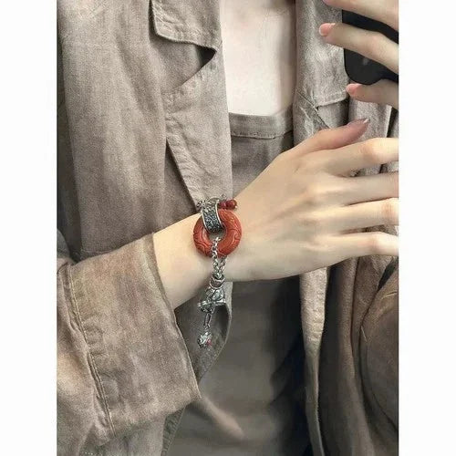 Vintage Chinese Jade Bracelet Retro Silver Tassel Beaded Bracelet for Women Gift 07FC0E-D4 - KOEEK [9]