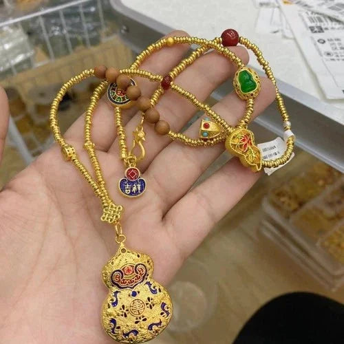 Vintage Cloisonné Gold Gourd Pendant - Chinese Lucky Enamel Sweater Chain Women 07FC0E-D4 - KOEEK [1]