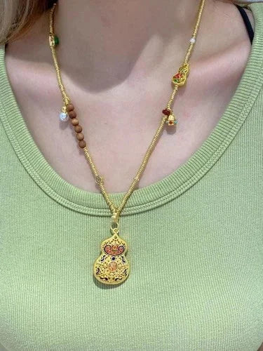 Vintage Cloisonné Gold Gourd Pendant - Chinese Lucky Enamel Sweater Chain Women 07FC0E-D4 - KOEEK [3]
