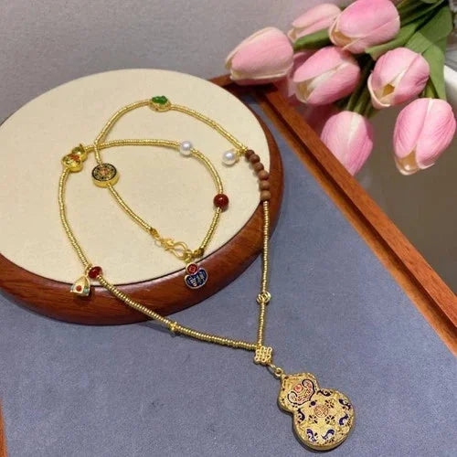 Vintage Cloisonné Gold Gourd Pendant - Chinese Lucky Enamel Sweater Chain Women 07FC0E-D4 - KOEEK [5]