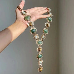 Vintage Court Necklace Green Stone Tiger Eye Pearl Double Layer Choker 07FC0E-D4 - KOEEK [1]