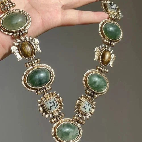 Vintage Court Necklace Green Stone Tiger Eye Pearl Double Layer Choker 07FC0E-D4 - KOEEK [2]