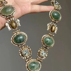 Vintage Court Necklace Green Stone Tiger Eye Pearl Double Layer Choker 07FC0E-D4 - KOEEK [2]