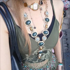 Vintage Court Necklace Green Stone Tiger Eye Pearl Double Layer Choker 07FC0E-D4 - KOEEK [4]