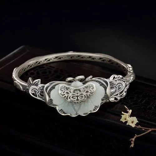 Vintage Ethnic Hetian Jade Bangle Bracelet Open Cuff Women Jewelry Ruyi Gift 07FC0E-D4 - KOEEK [1]